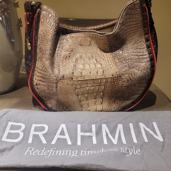 BRAHMIN Beige-Brown -Red Trim Croc Embossed MELBOURNE Shoulder Bag - Picture 2 of 8